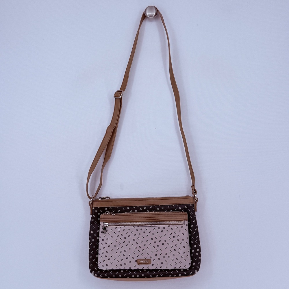 Relic Crossbody Bag Purse Womens Black Tan Polka Dot Multi-Pocket Preppy Bag
